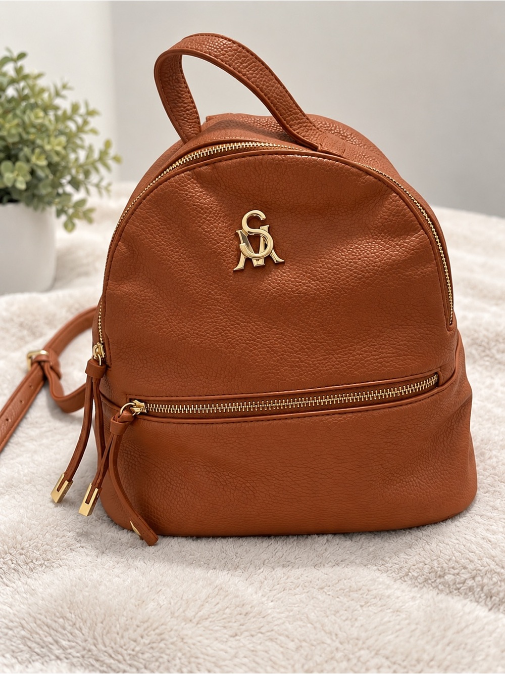 Steve Madden Cognac Leather Mini Backpack with Gold Hardware